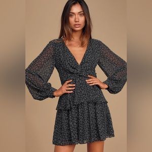 Lulus black floral lined, mini dress. Size: Large